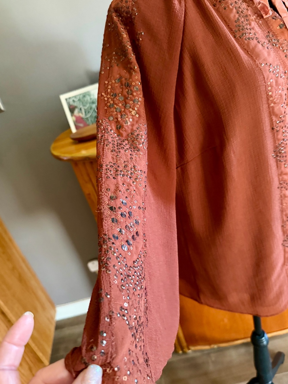 Chico's Crinkled Texture Sequins Blouse in Rust - Picture 8 of 13